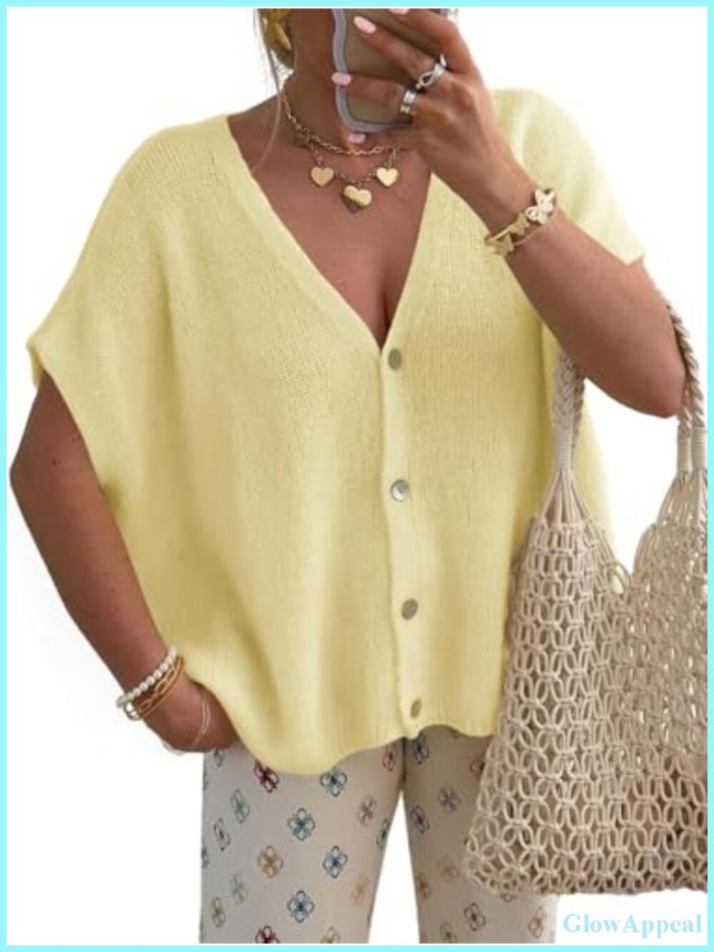Lightweight Short Sleeve V-Neck Cardigan Loose Fit Knit Sweater